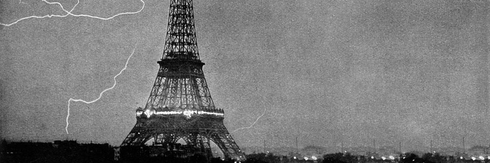 Lightning striking Eiffel Tower background, vintage photograph. Remixed by rawpixel.