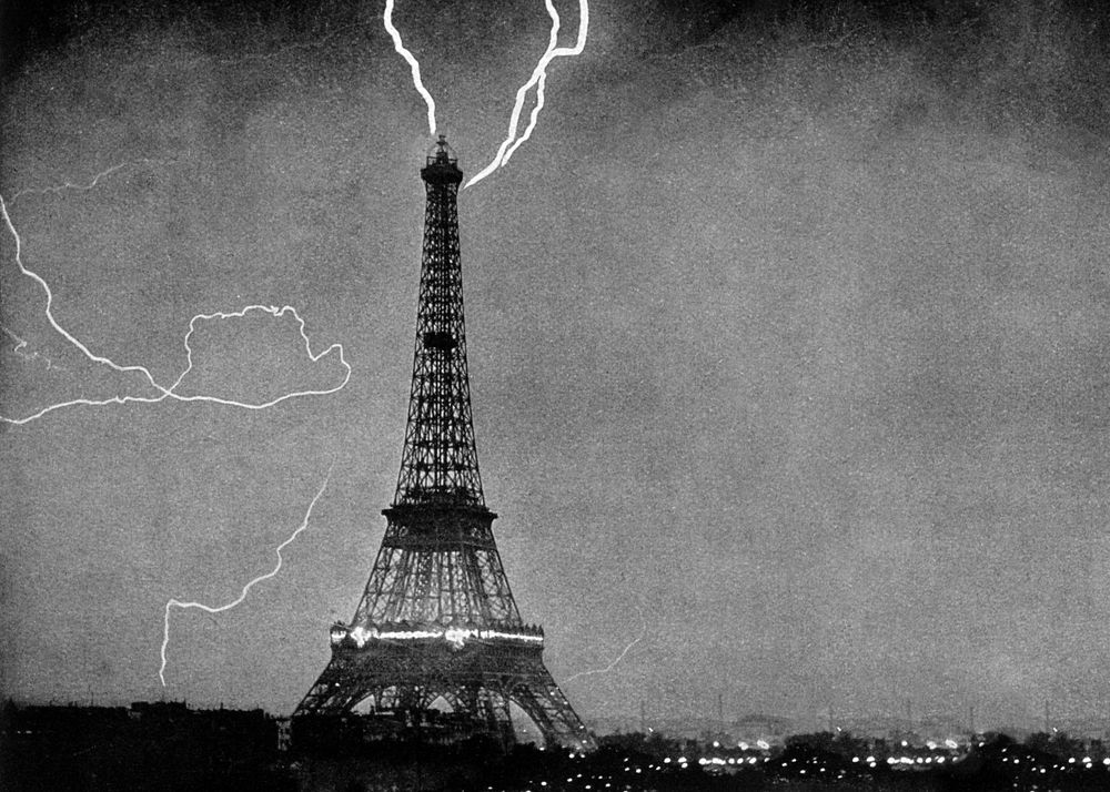 Lightning striking Eiffel Tower background, vintage photograph. Remixed by rawpixel.