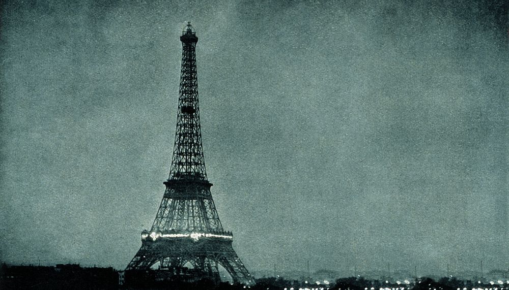 Lightning striking Eiffel Tower background, vintage photograph. Remixed by rawpixel.