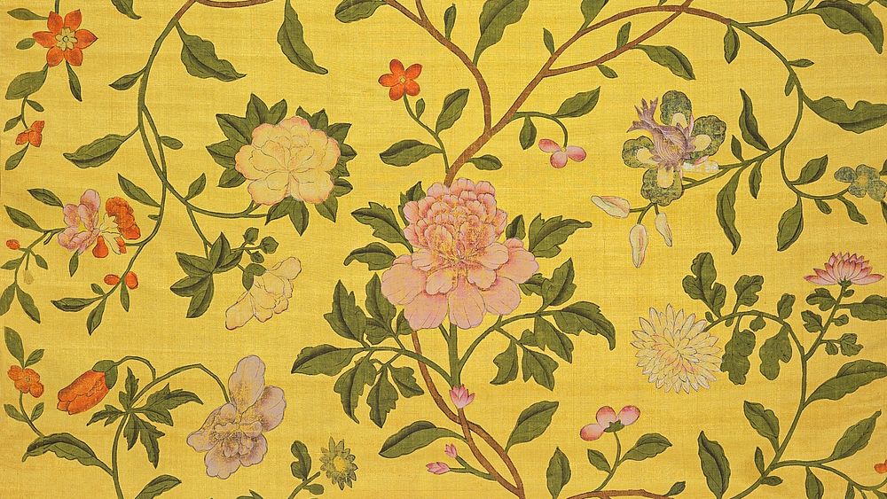 Vintage flower patterned desktop wallpaper, yellow design. Remixed by rawpixel.
