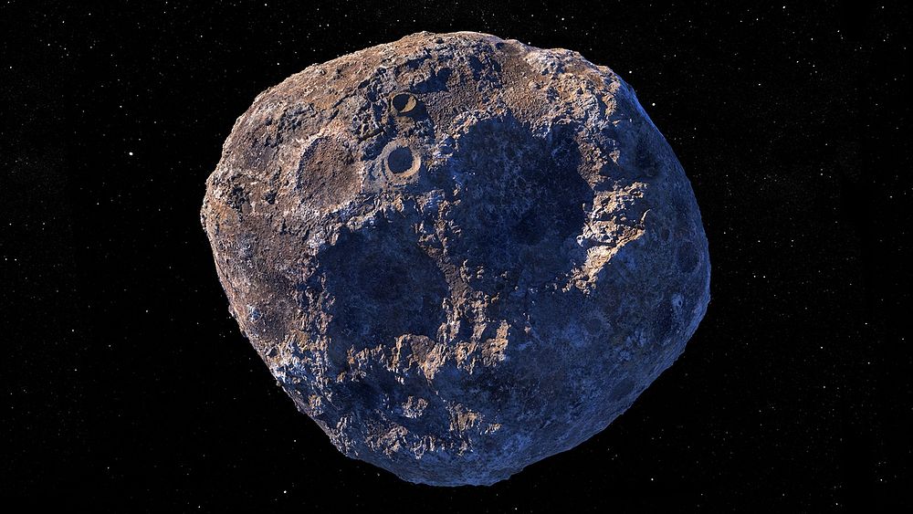 An illustration depicting the target of NASA’s Psyche mission: the metal-rich asteroid Psyche, in the main asteroid belt…