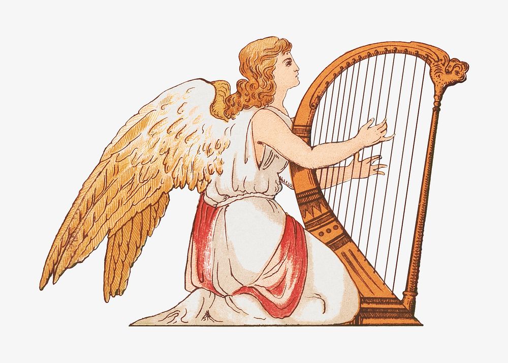 Angel playing harp, vintage illustration.  Remixed by rawpixel. 