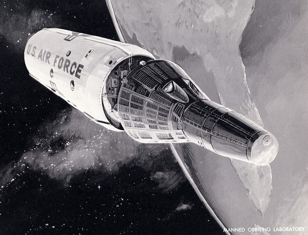 Manned Orbiting Laboratory (MOL) (1966) illustrated by U.S. Air Force. Original public domain image from Wikimedia Commons.…