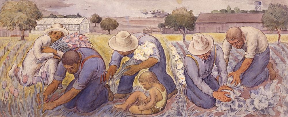 Flower and Vegetable Farming, study for mural (1941-1962), vintage painting by Jose Moya del Pino. Original public domain…