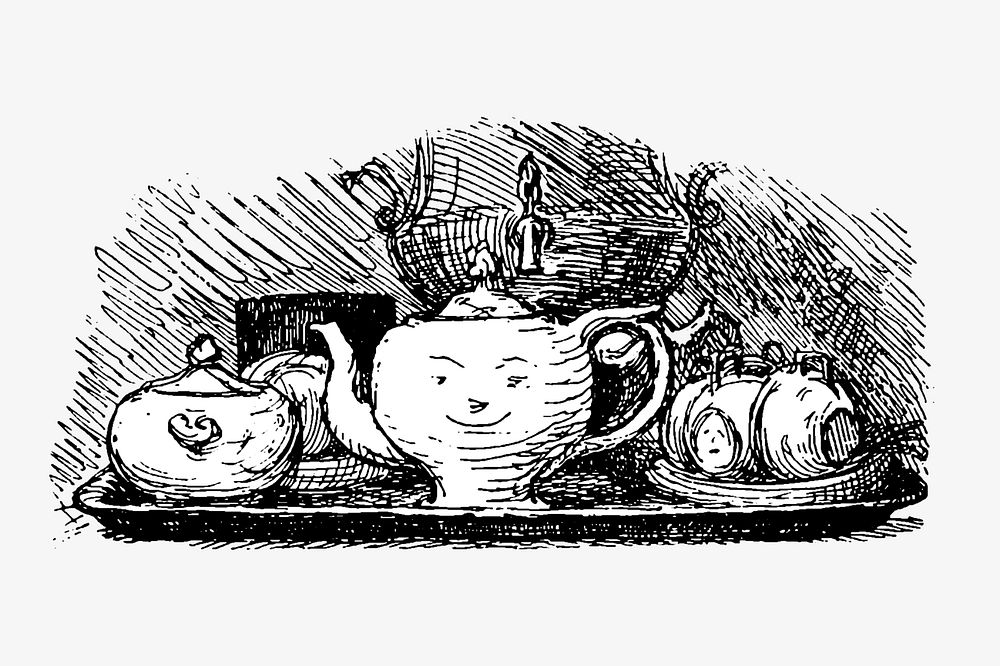 Tea set, vintage kitchenware illustration by Hans Christian Andersen. Remixed by rawpixel.