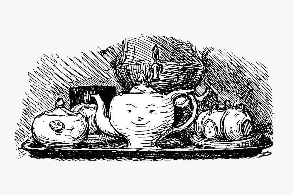 Tea set, vintage kitchenware illustration by Hans Christian Andersen psd. Remixed by rawpixel.