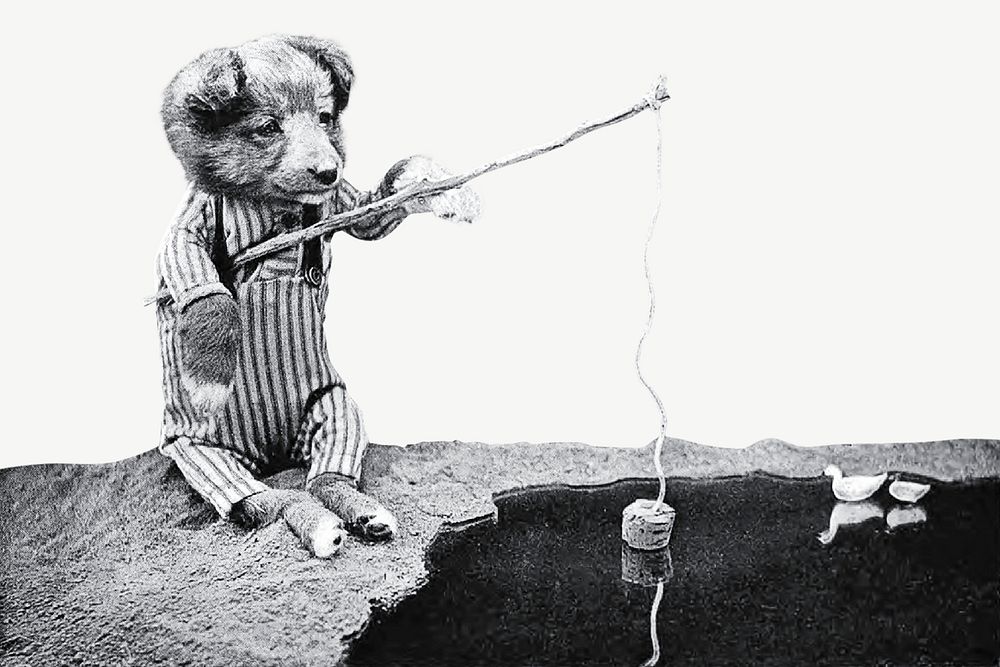 Dog fishing border vintage illustration psd. Remixed by rawpixel. 