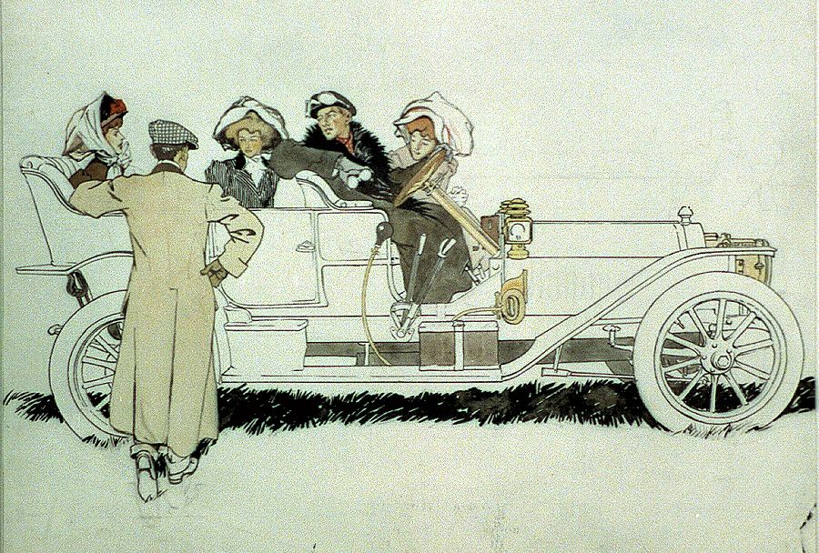 Advertisement design study for Pierce Arrow automobiles showing man talking to three women and a man in car (ca 1915) by…