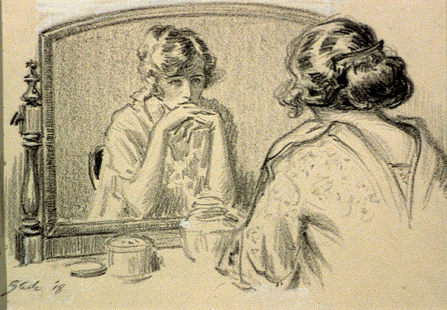 Woman looking at her reflection in mirror (1918) by Frederic Dorr Steele