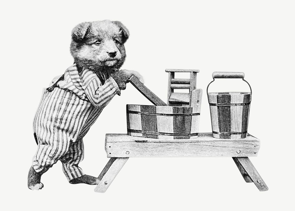 Dog doing laundry vintage illustration psd. Remixed by rawpixel. 