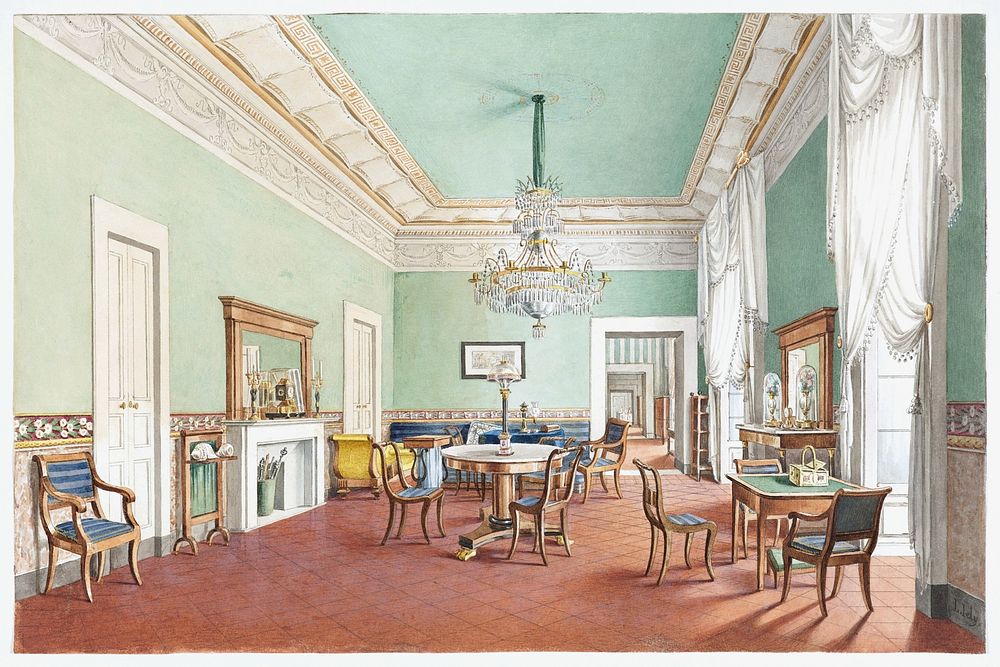 A Salon in the Palazzo Satriano, Naples (1829) watercolor art by L. Iely. Original public domain image from The Smithsonian…