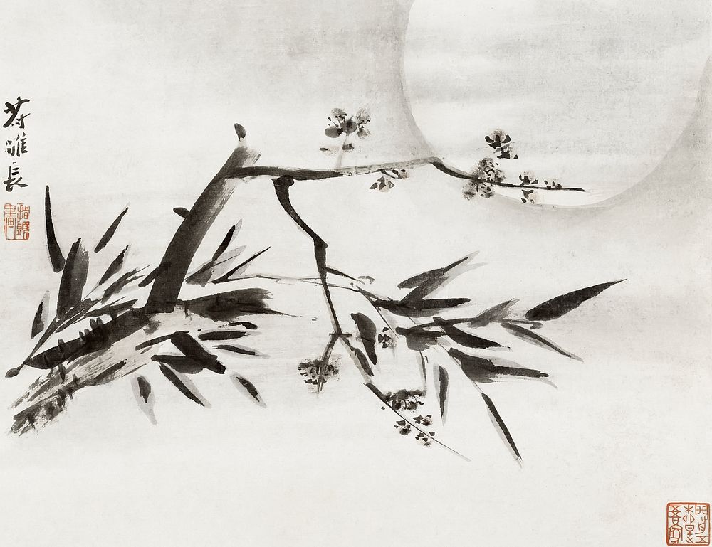 Bamboo, Plum Blossoms and Moon (1713) vintage illustration by Gao Qipei. Original public domain image from Wikimedia…