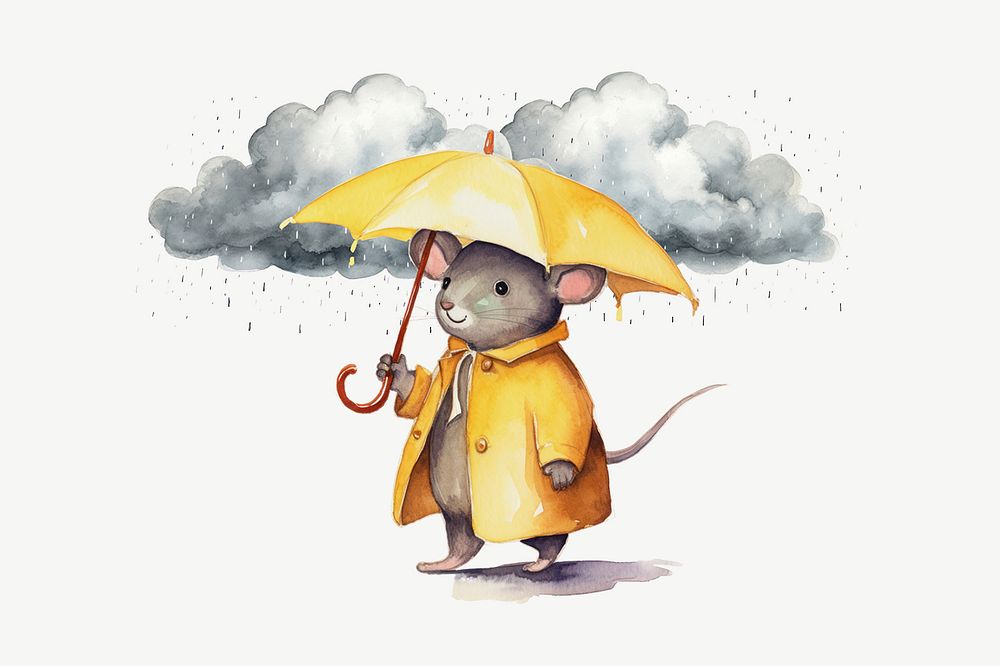 Rat holding umbrella, watercolor collage element psd