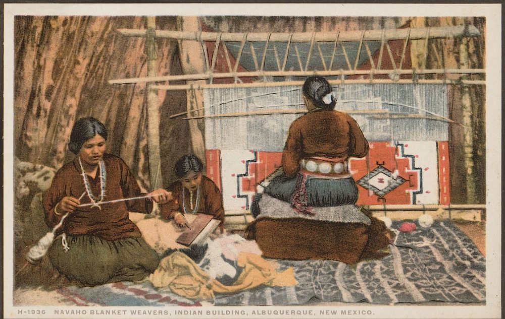 Navajo blanket weavers, Indian building, Albuquerque, New Mexico (c. 1928) by anonymous