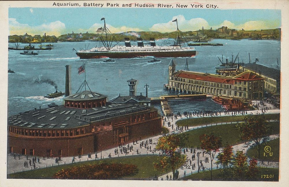 Aquarium, Battery Park and Hudson River, New York City (c. 1928) by Irving S Underhill