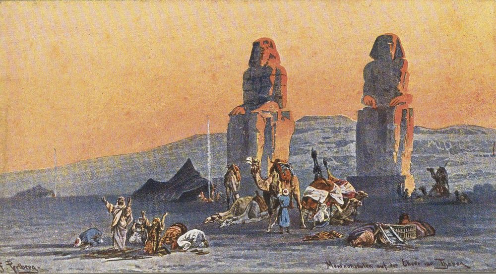 Fotoreproductie van een schilderij van Friedrich Perlberg, voorstellend de Kolossen van Memnon in Thebe (c. 1895 - in or…