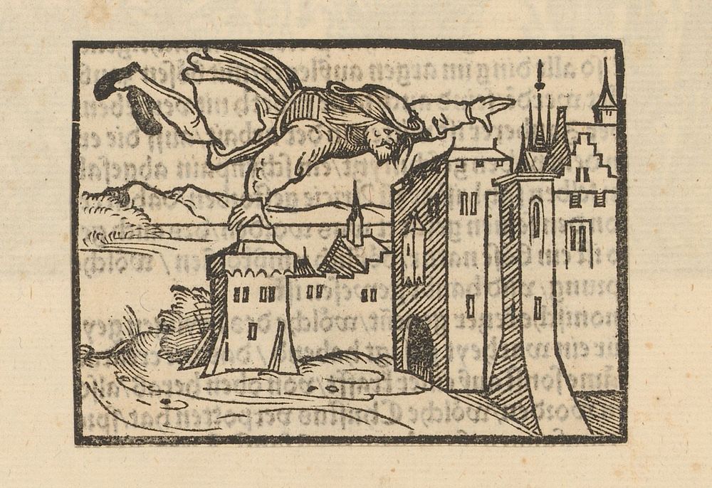 Vliegende man boven een stad (1490 - 1533) by anonymous and Jörg Breu I