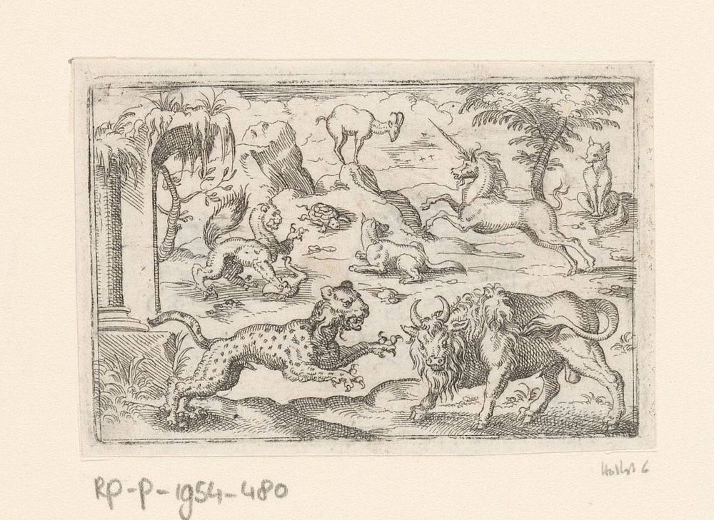 Twee vossen, een luipaard, een oeros, een schildpad, een gems, een eenhoorn en een mythisch dier (1578 - 1596) by Stephan…