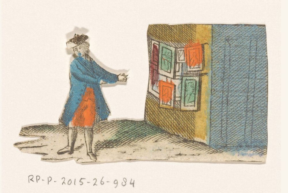 Man voor een uitstalling van prenten aan een muur (1700 - 1799) by anonymous
