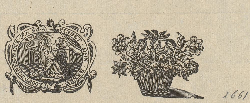 Twee vignetten: mand met bloemen en koning David die harp speelt (1600 - 1699) by anonymous