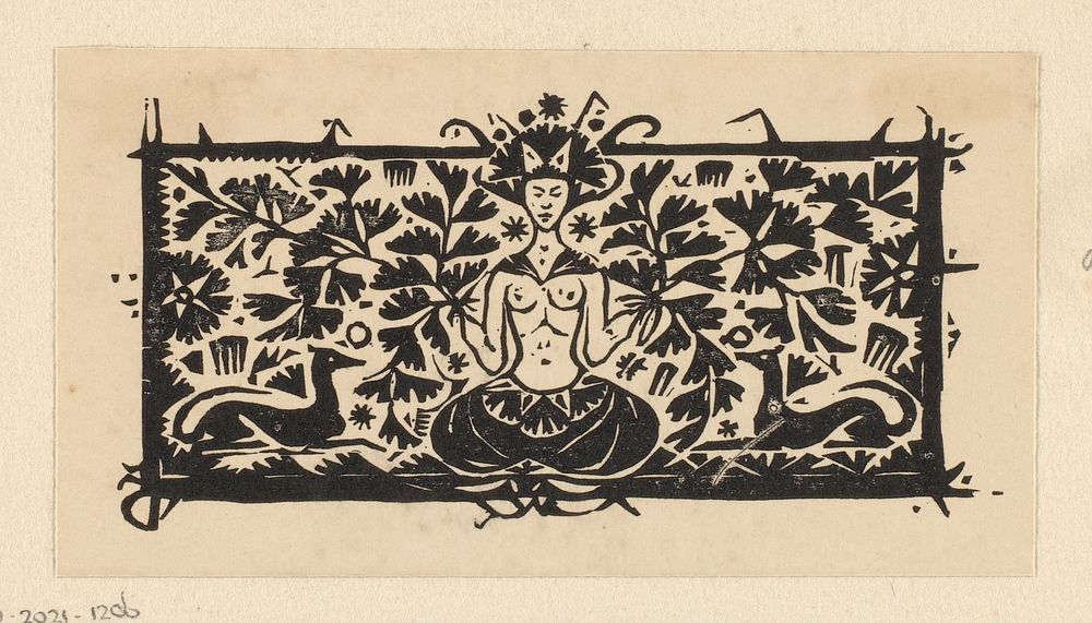 Titelhoofd met mediterende vrouw, venushaar en honden (1893) by Gerrit Willem Dijsselhof, Joh Enschedé and Zonen and…