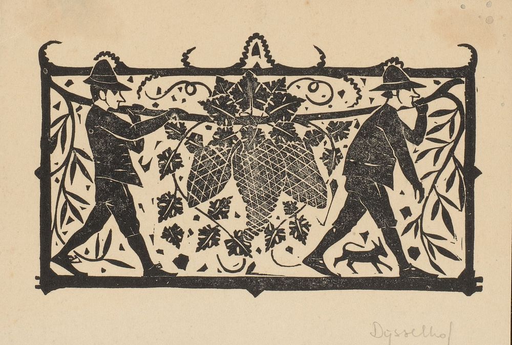 Titelhoofd met mannen die druiventrossen dragen (1893) by Gerrit Willem Dijsselhof, Joh Enschedé and Zonen and Scheltema and…