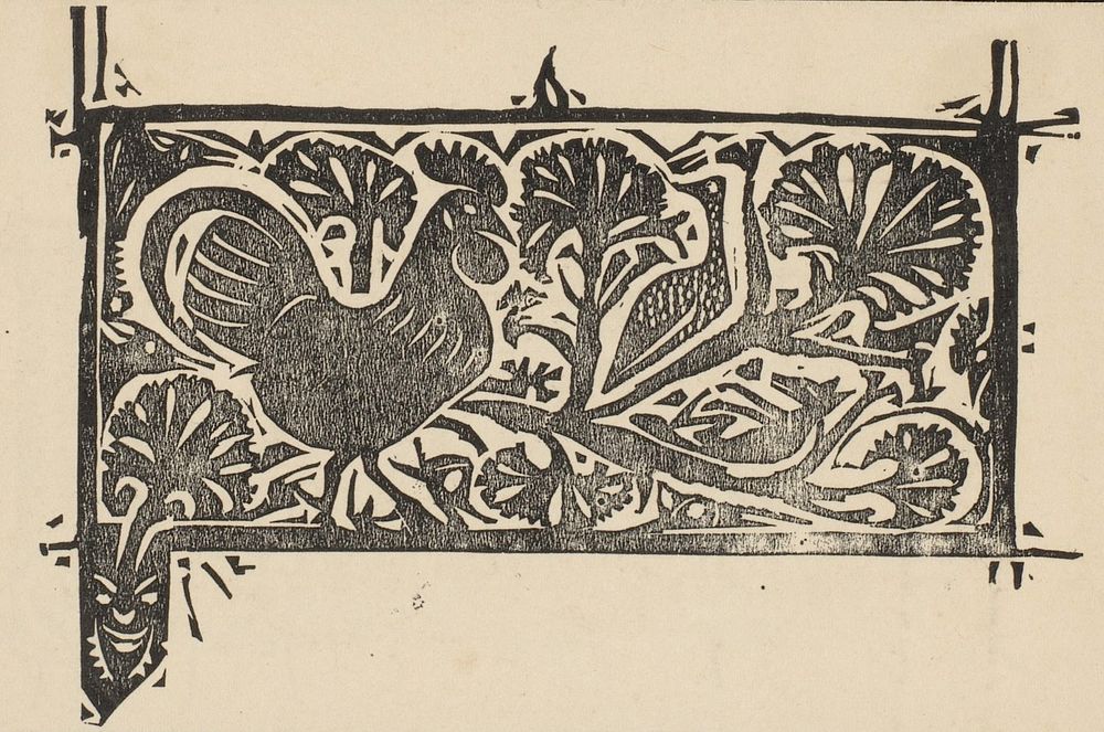 Titelhoofd met een haan en dieren verborgen in struiken (1893) by Gerrit Willem Dijsselhof, Joh Enschedé and Zonen and…