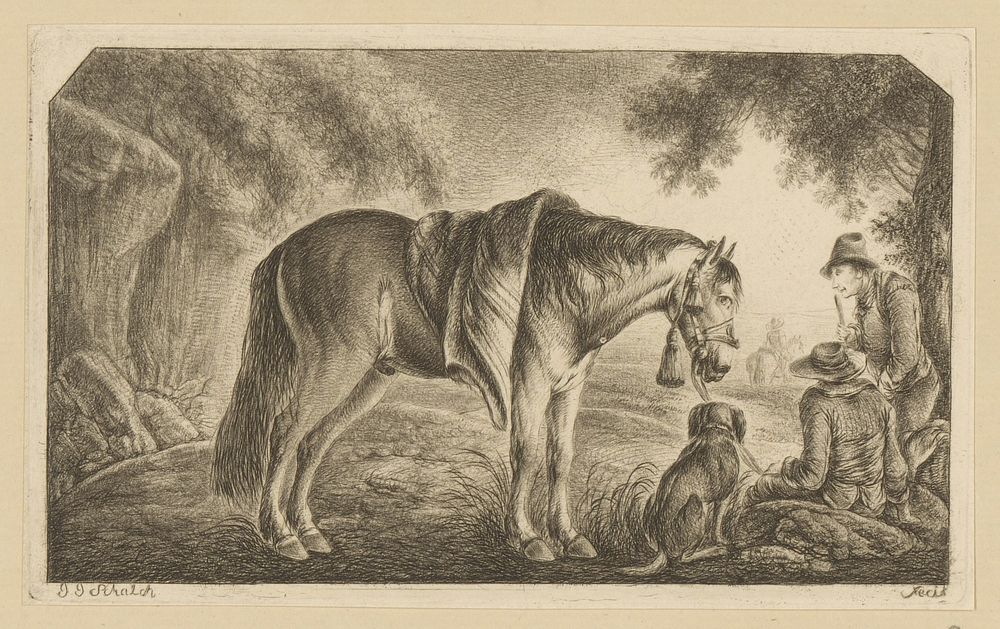 Paard en twee mannen met een hond (1733 - 1789) by Johann Jakob Schalch