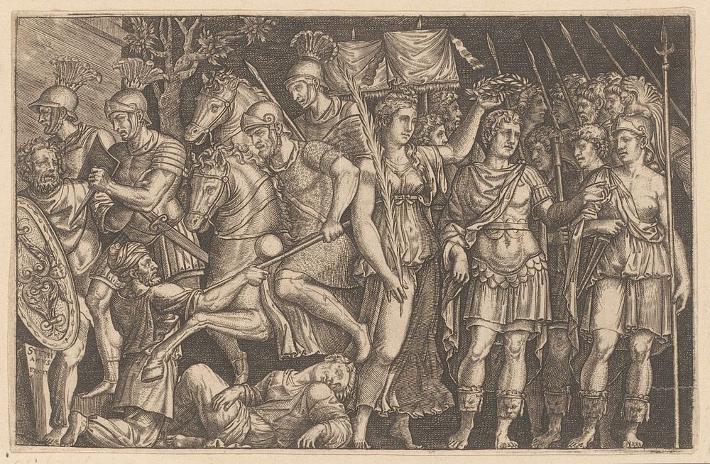 Trajanus tussen de stad Rome en Victoria (1528 - 1583) by Etienne Delaune and Marcantonio Raimondi