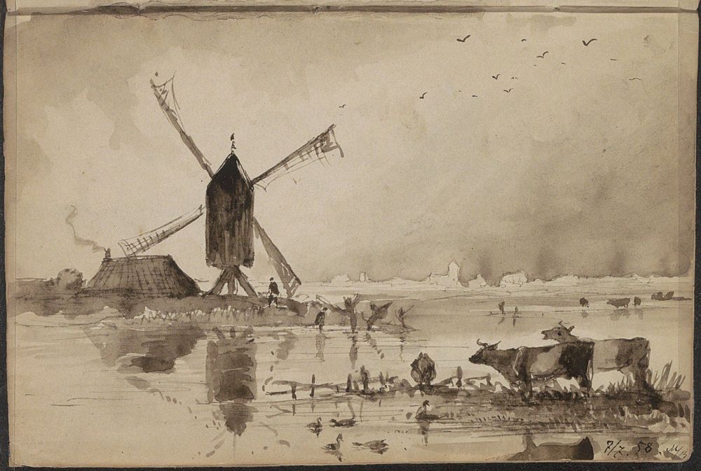 Rivierlandschap met een molen, een boerderij en koeien (1858) by Johannes Tavenraat