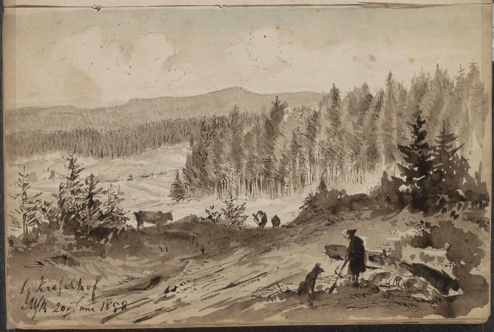 Figuur in een berglandschap met dennenbomen bij Kieselhof (1858) by Johannes Tavenraat