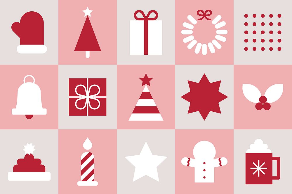 Flat vector style Christmas icons in red, white, and pink. Festive vector design with gifts and holiday symbols in flat…