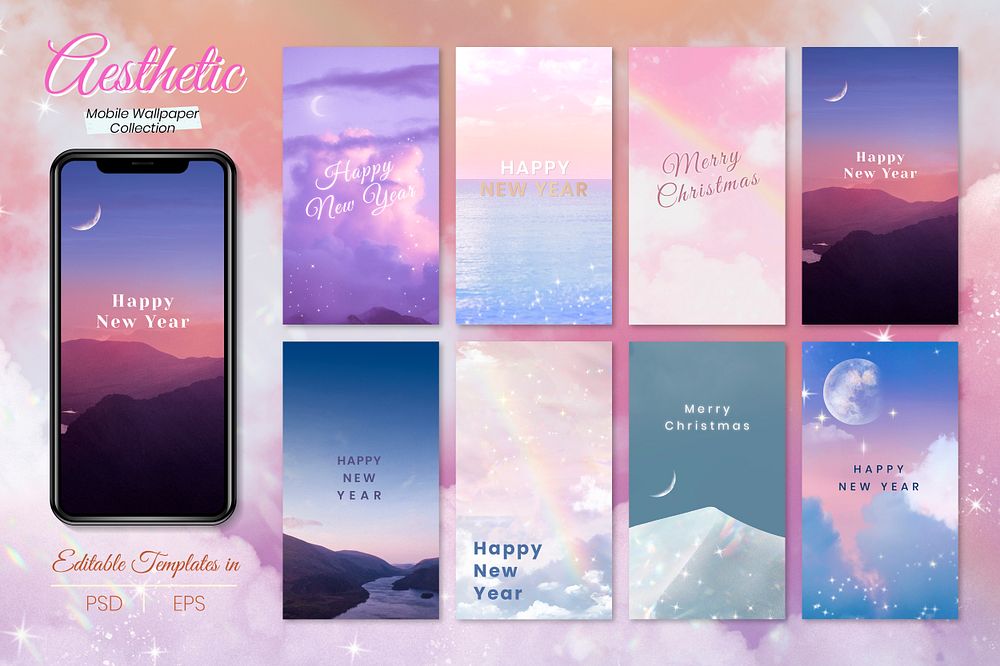 New Year mobile wallpaper, aesthetic template psd set