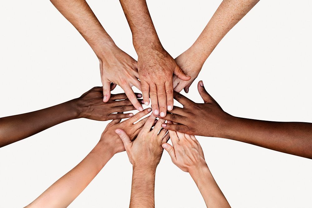 Teamwork, diverse hands joined in team building concept