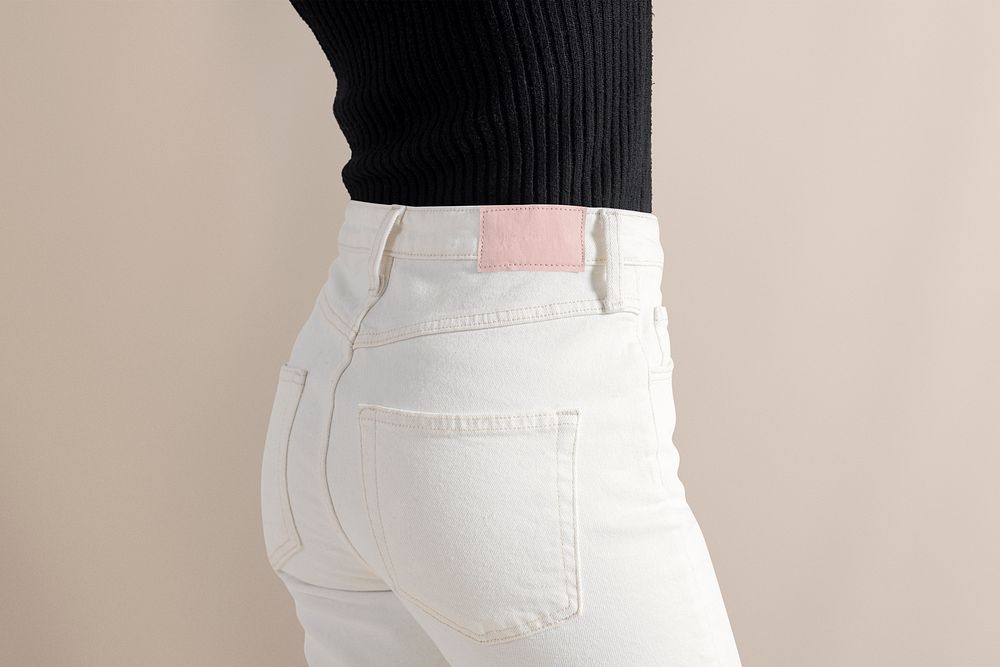 White jeans with leather label, women's apparel fashion design