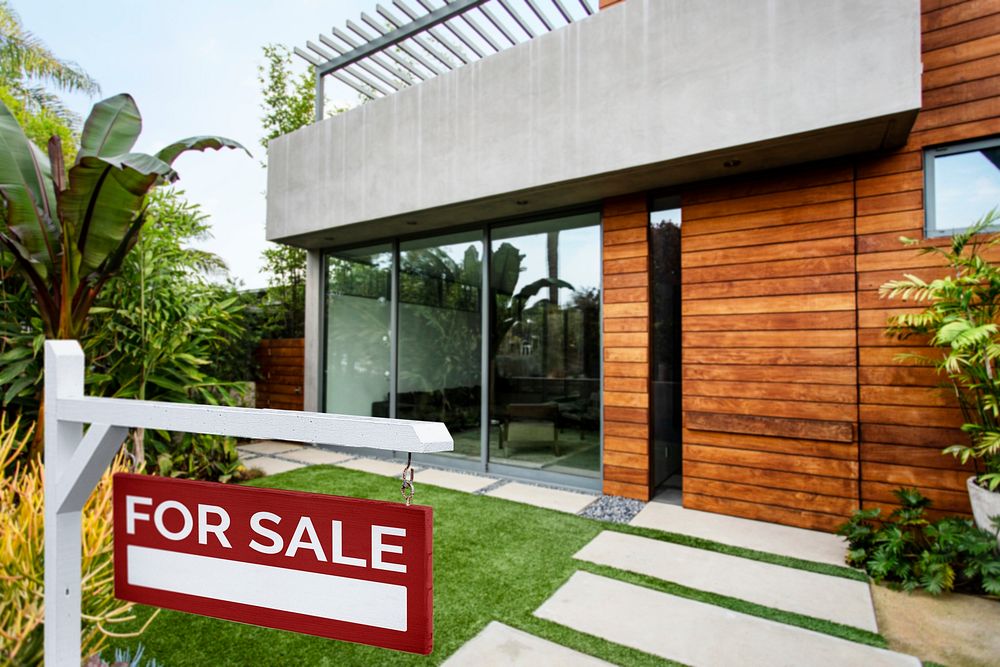 Modern villa for sale, wood & concrete exterior, real estate housing advertisement