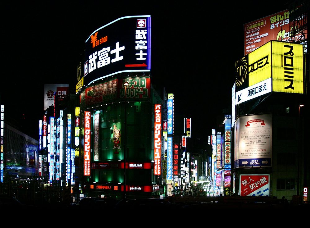 Bright neon billboards and signs let you know what to do and buy in this urban Japanese center.