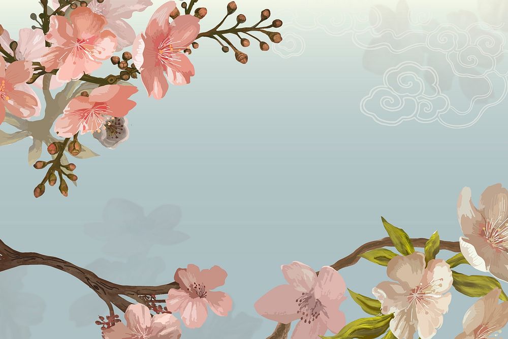 Cherry blossom background, aesthetic floral border vector