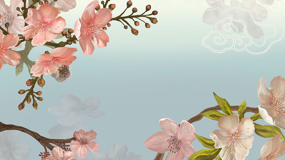 Traditional sakura computer wallpaper, aesthetic flower border background