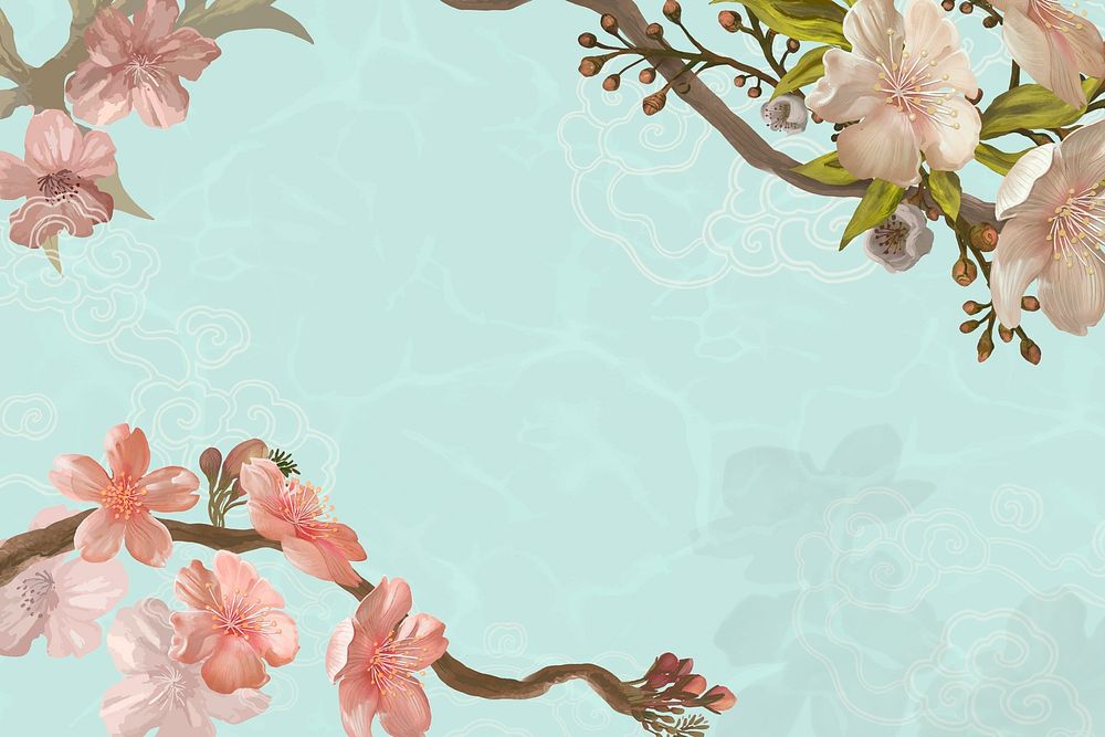 Oriental blue background, pink Sakura border vector