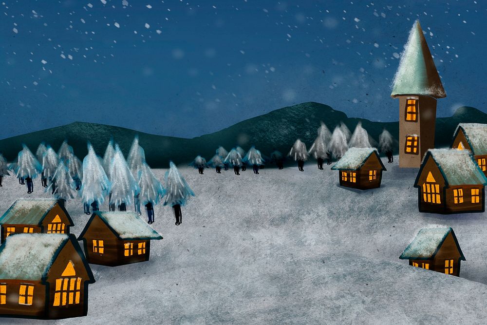 Winter night background, hand drawn snowy village design