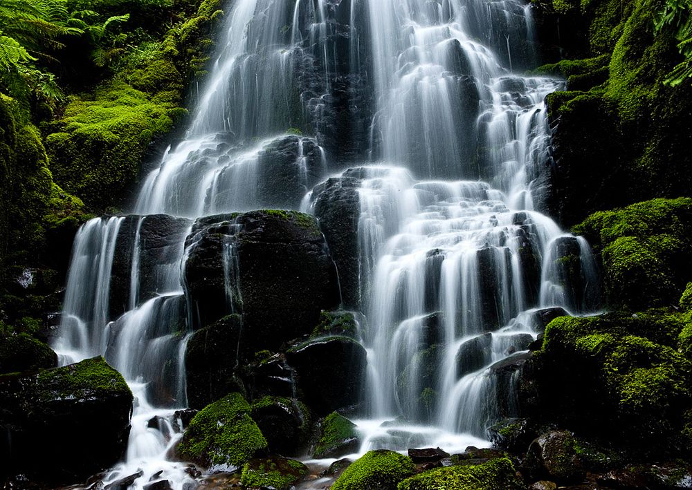 Waterfall with green grass rock, Wahkeena Falls, Columbia. Original public domain image from Flickr