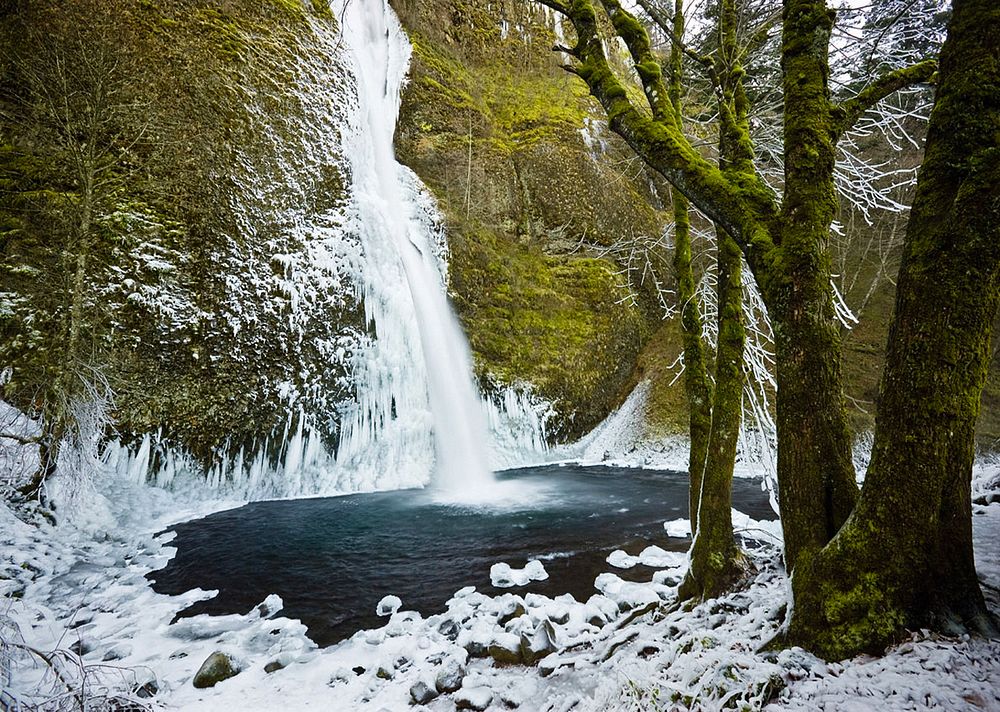 Horsetail Falls covered in Ice after winter storm along the Historic Columbia River Gorge Scenic Highway in the Columbia…