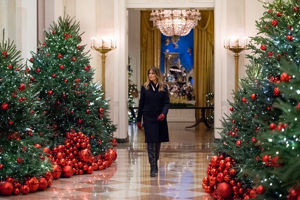 2018 White House Christmas reviews the Christmas decorations Sunday, Nov. 25, 2018, in the Cross Hall of the White House.…
