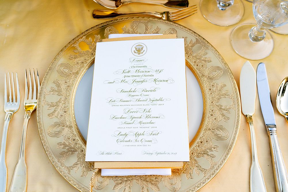 Dinner menu at the State Dinner in honor in the Rose Garden of the White House. Original public domain image from Flickr
