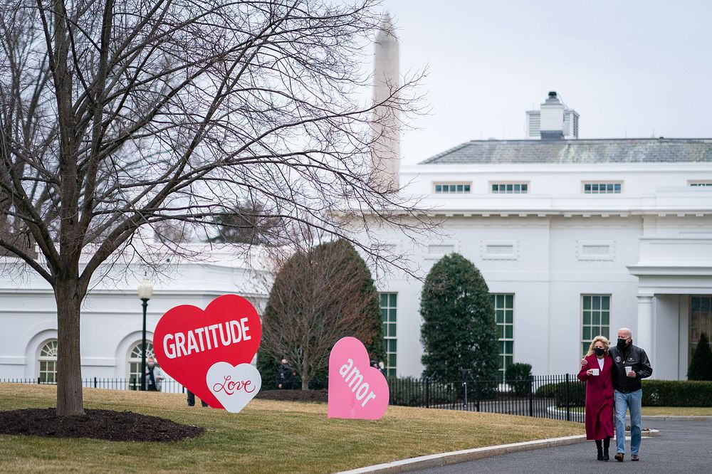 President Joe Biden and First Lady Jill Biden look at the Valentine&rsquo;s Day hearts Friday, Feb. 12, 2021, on the North…