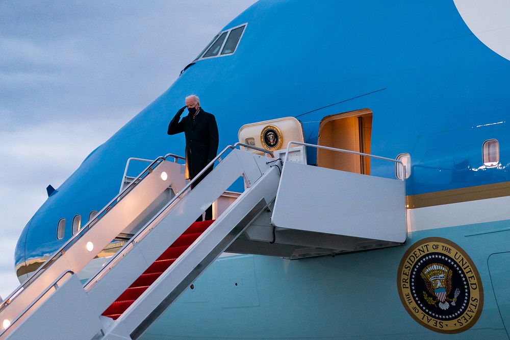 President Joe Biden boards Air Force One at Joint Base Andrews, Maryland Tuesday, Feb. 16, 2021, en route to General…