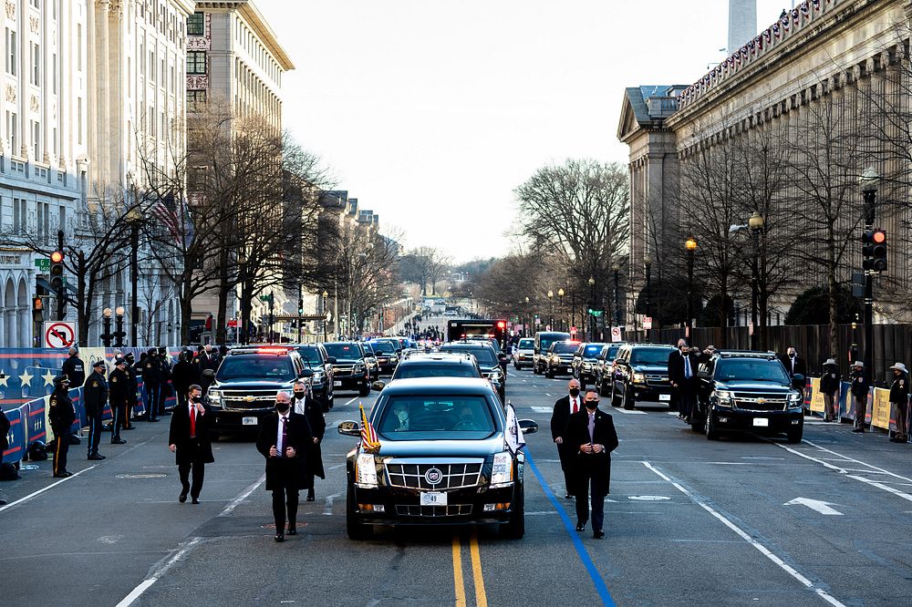 The Presidential motorcade travels up 15th St toward the White House Wednesday, Jan. 20, 2021, during the inaugural parade…
