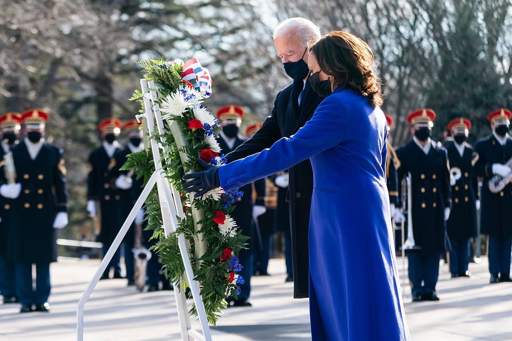 President Joe Biden and Vice President Kamala Harris lay a wreath on Inauguration Day Wednesday, Jan. 20, 2021, at the Tomb…