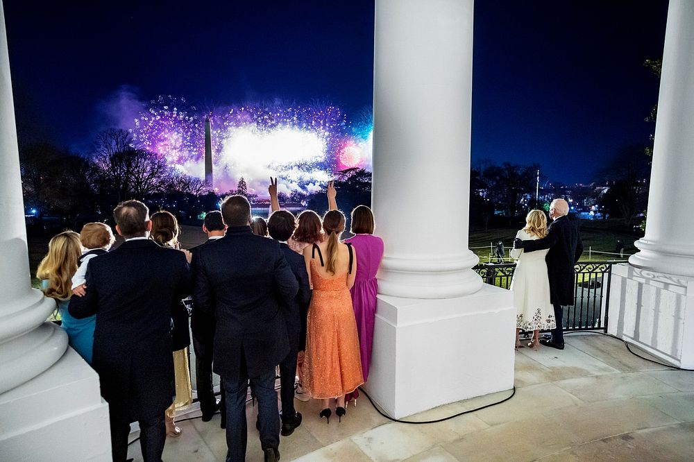 President Joe Biden and First Lady Dr. Jill Biden, joined by their family, watch fireworks from the Blue Room Balcony of the…